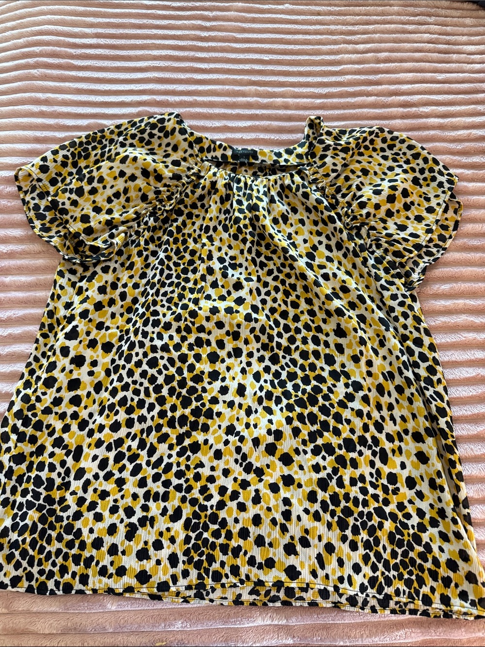 Ann Taylor Yellow and Black Leopard Print Puff Sleeve Blouse